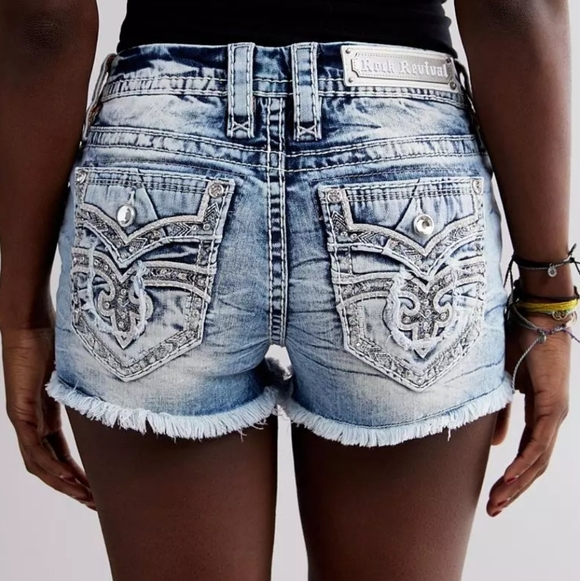 Rock Revival "Fay" Mid Rise Stretch Cutoff Short Blue Denim | Women's Size 24 - Picture 4 of 14